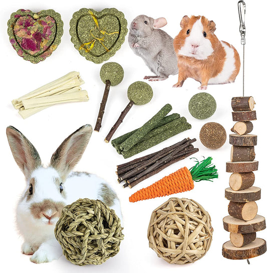 Rabbit Toys Bunny/Guinea Pig Toys Natural Timothy Hay Hamster Toys for Teeth Handmade Chews and Treats Apple Wood Sticks Chinchilla Rat