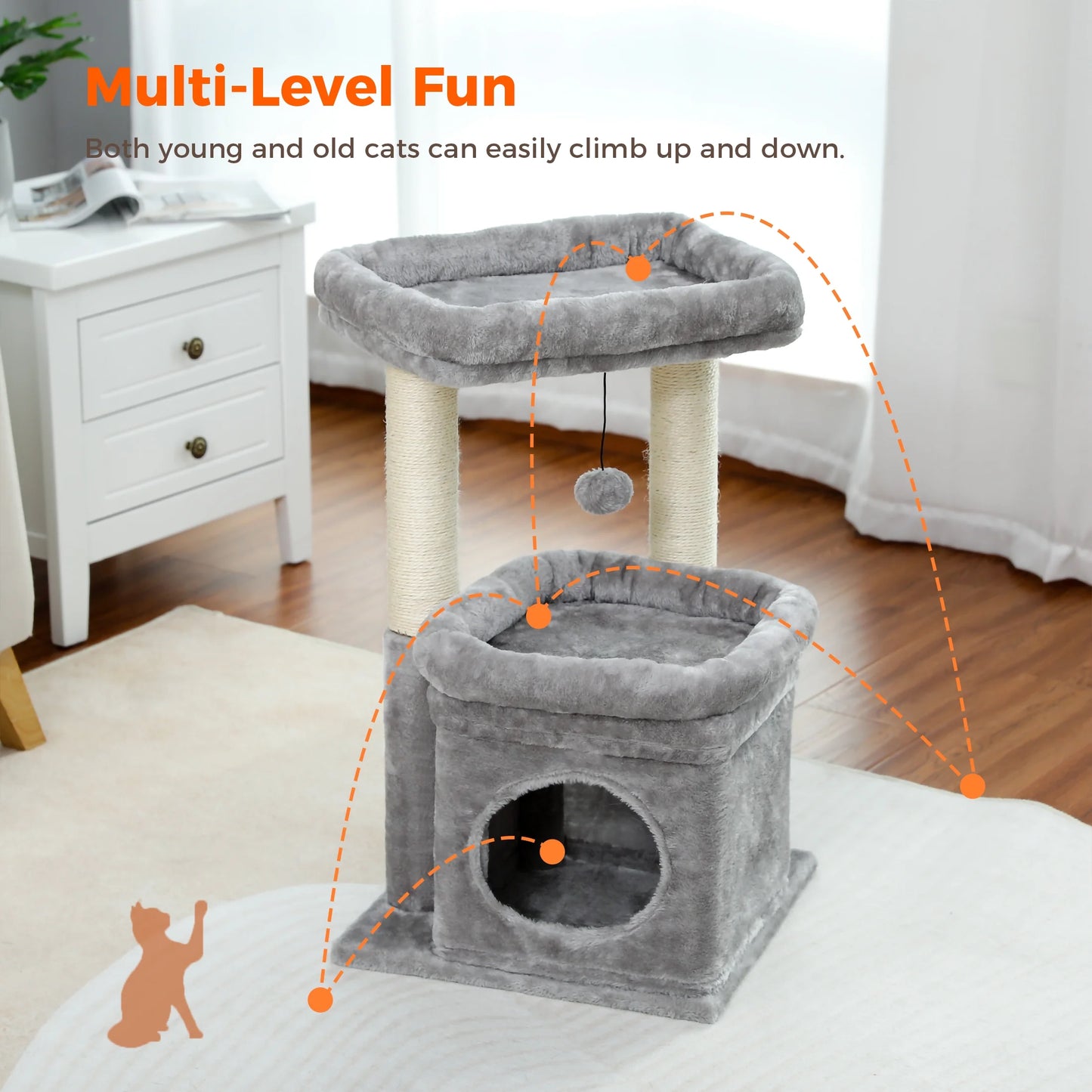 Cat Tree Condo 27" Cat Tower with Large Top Perch and Scratching Posts for Kittens and Medium Cats, Gray